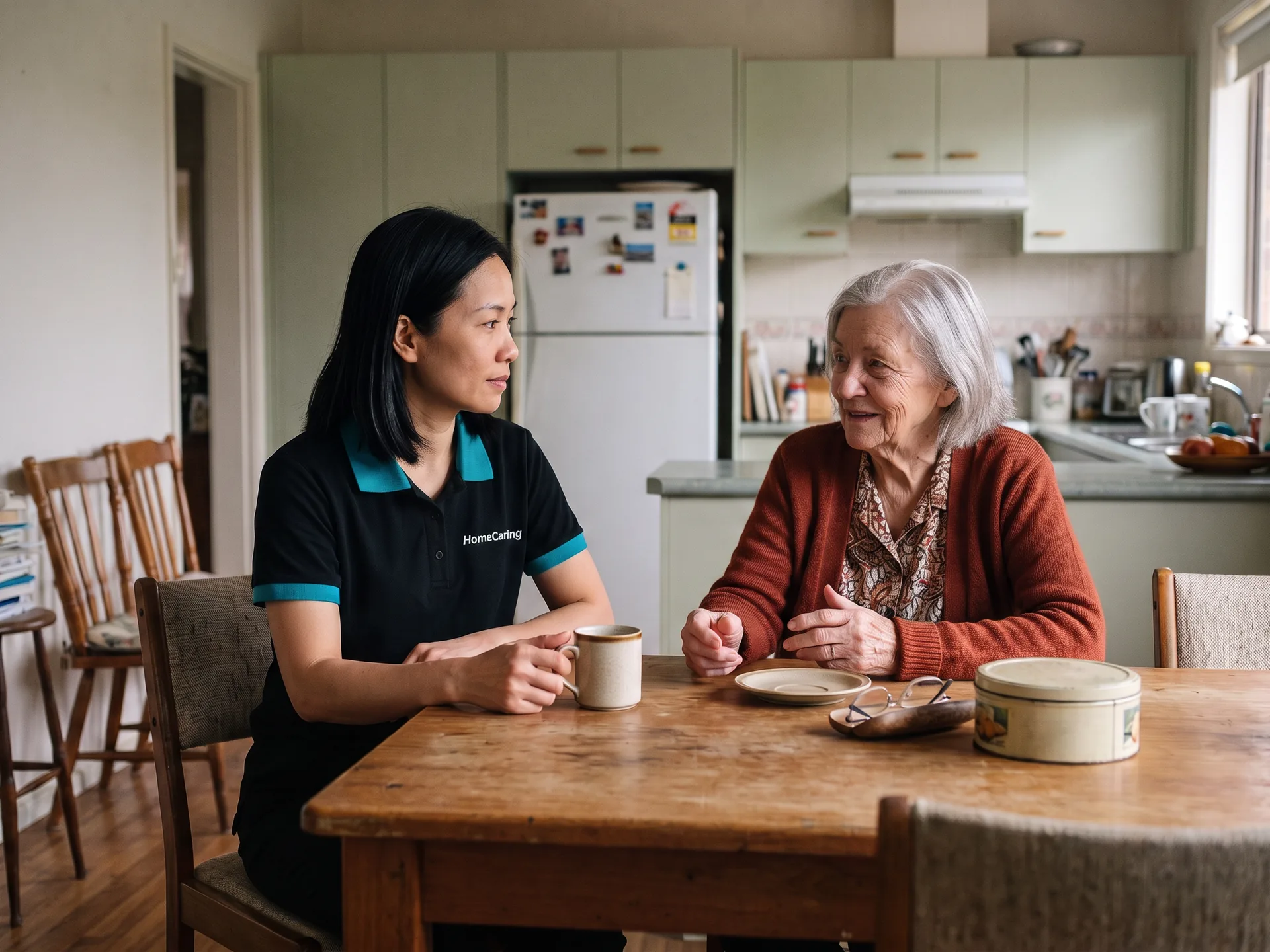 A HomeCaring support worker sharing a cuppa with a client