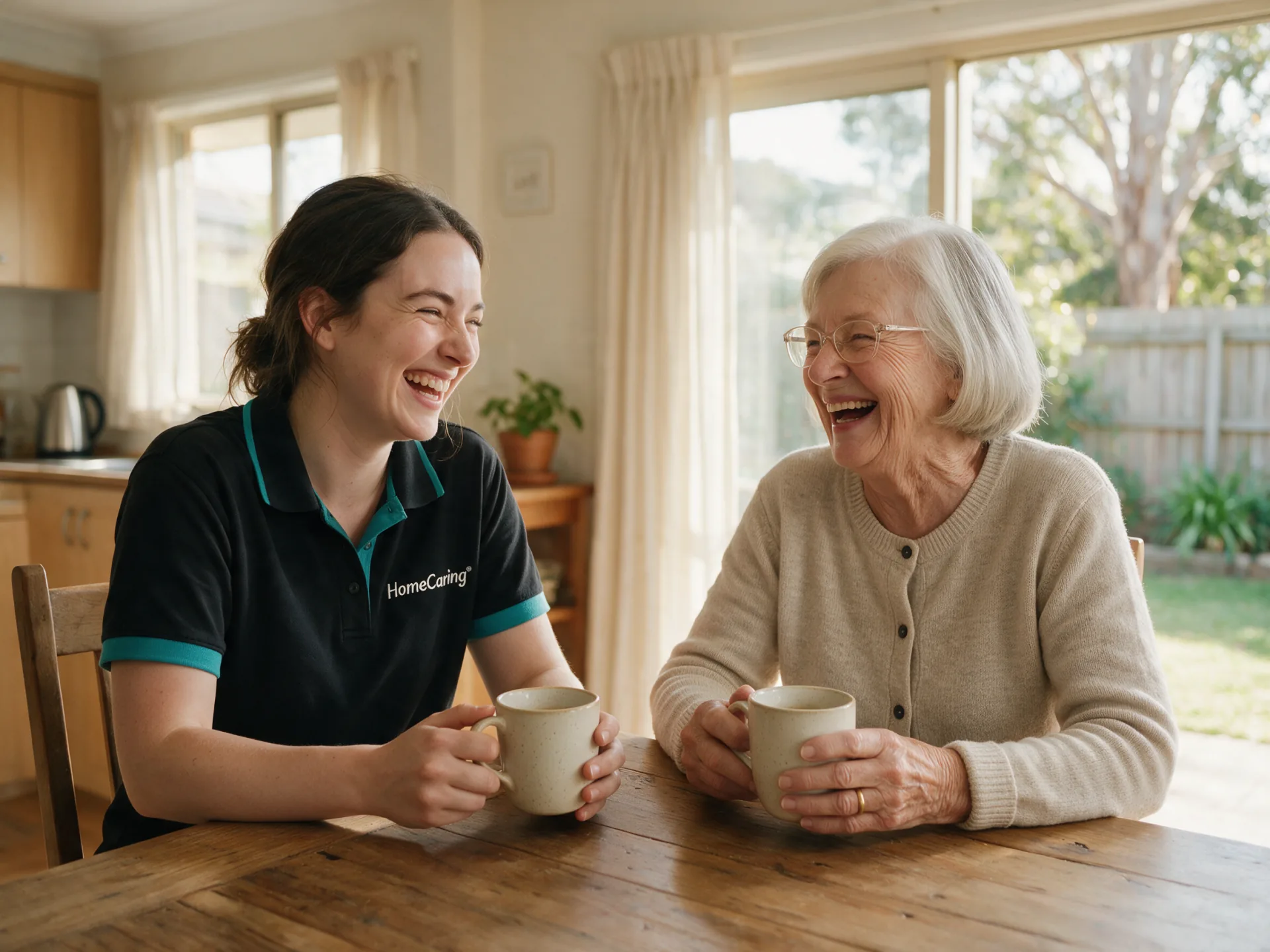 A HomeCaring support worker sharing a cuppa with a client