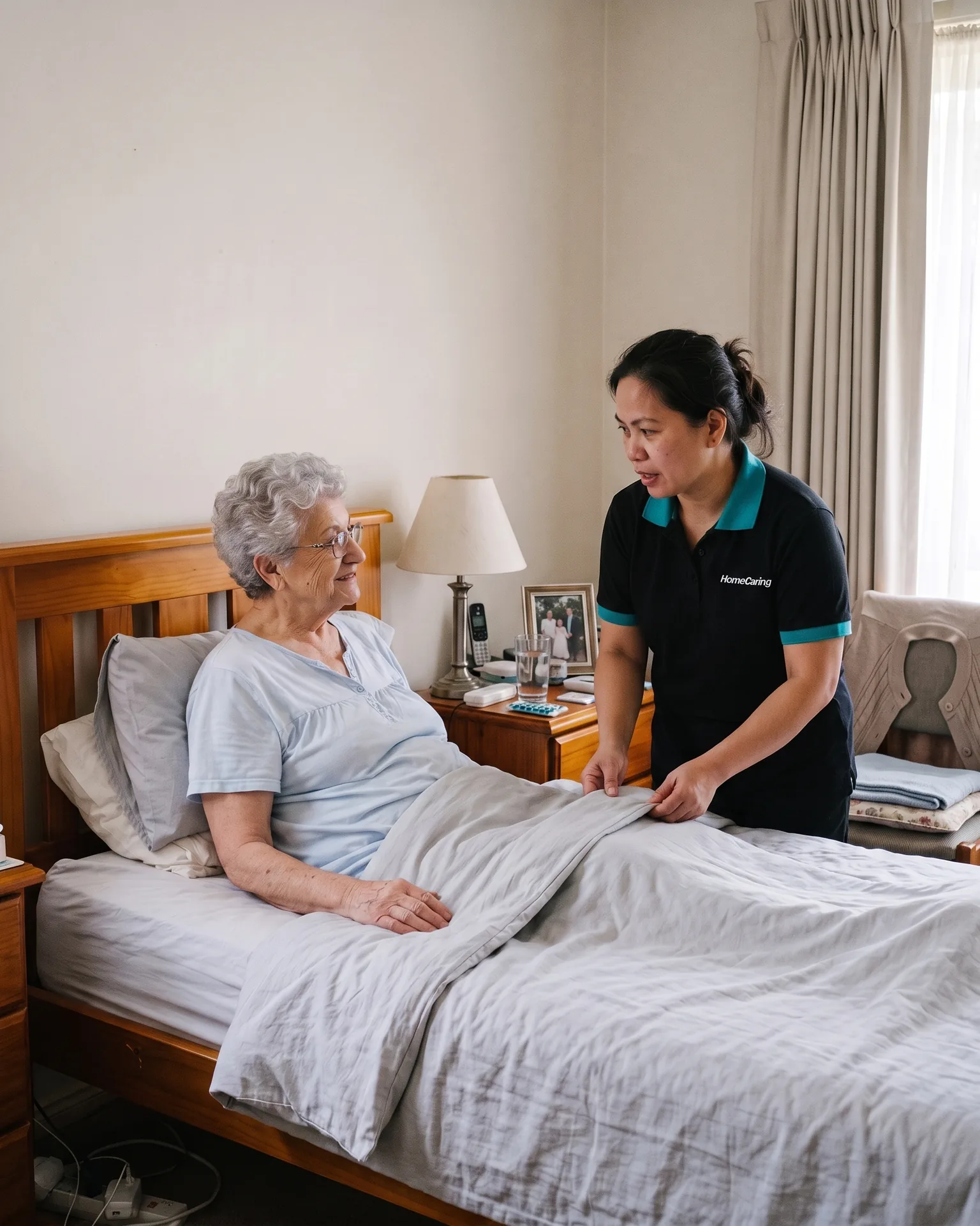 A HomeCaring support worker helping an older woman settle into bed at home