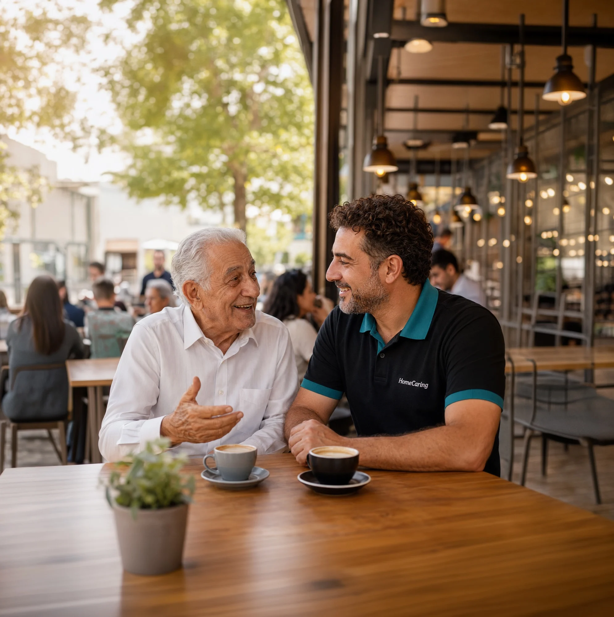 older man having a conversation with his case manager over coffee