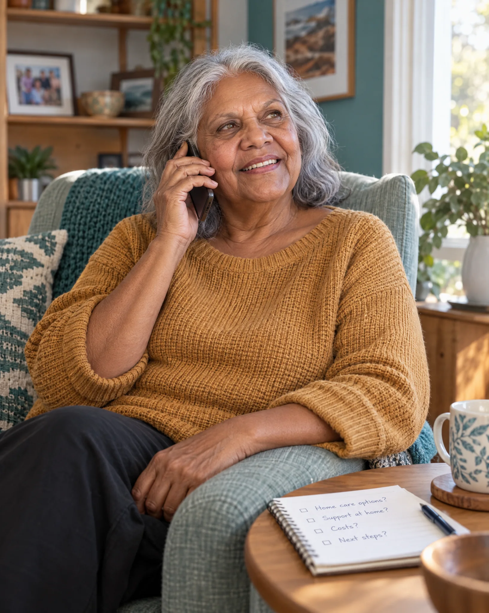An older woman smiling on the phone in her armchair, with a notebook of questions about home care beside her