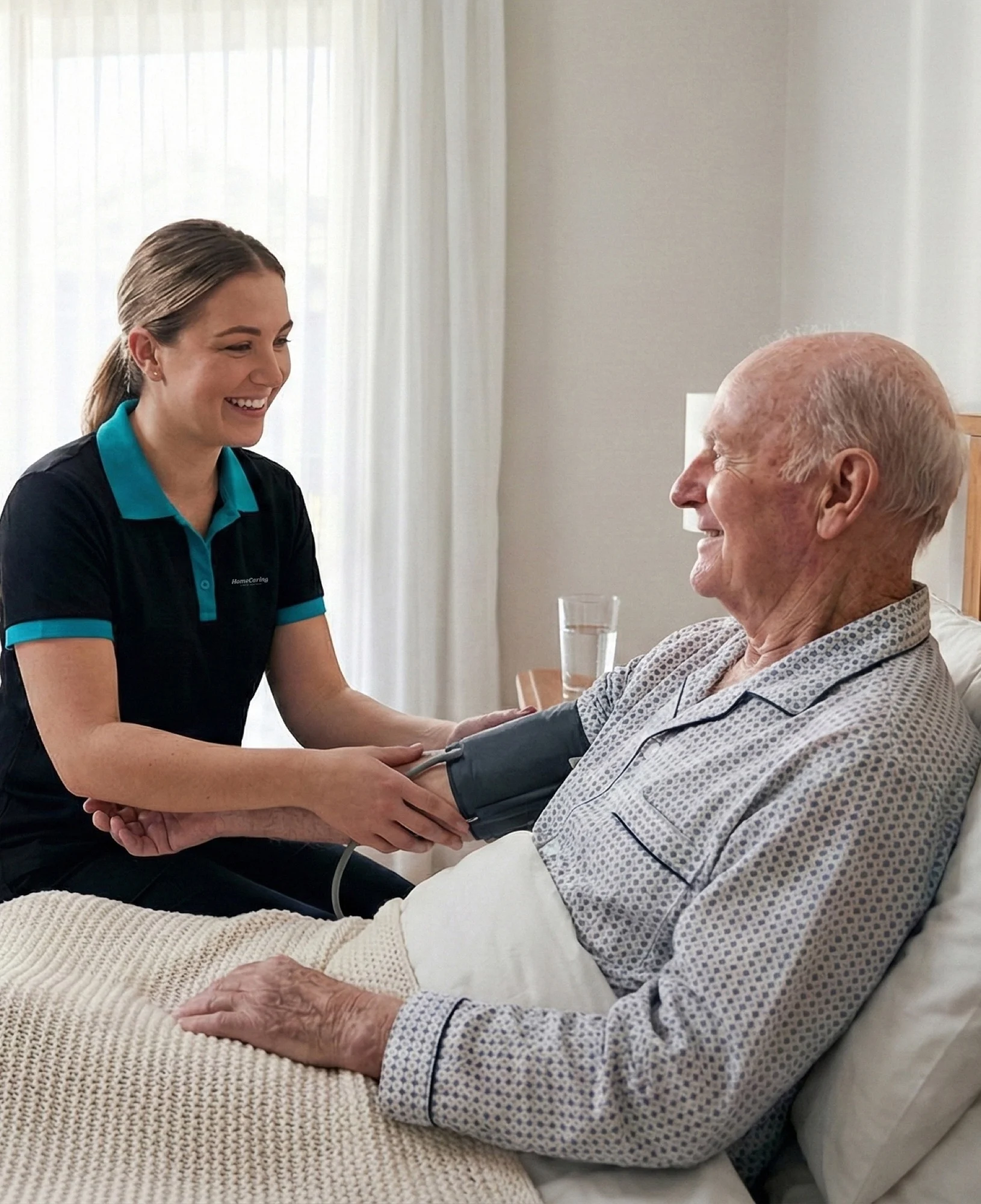 female support worker checking elderly man's blood pressure