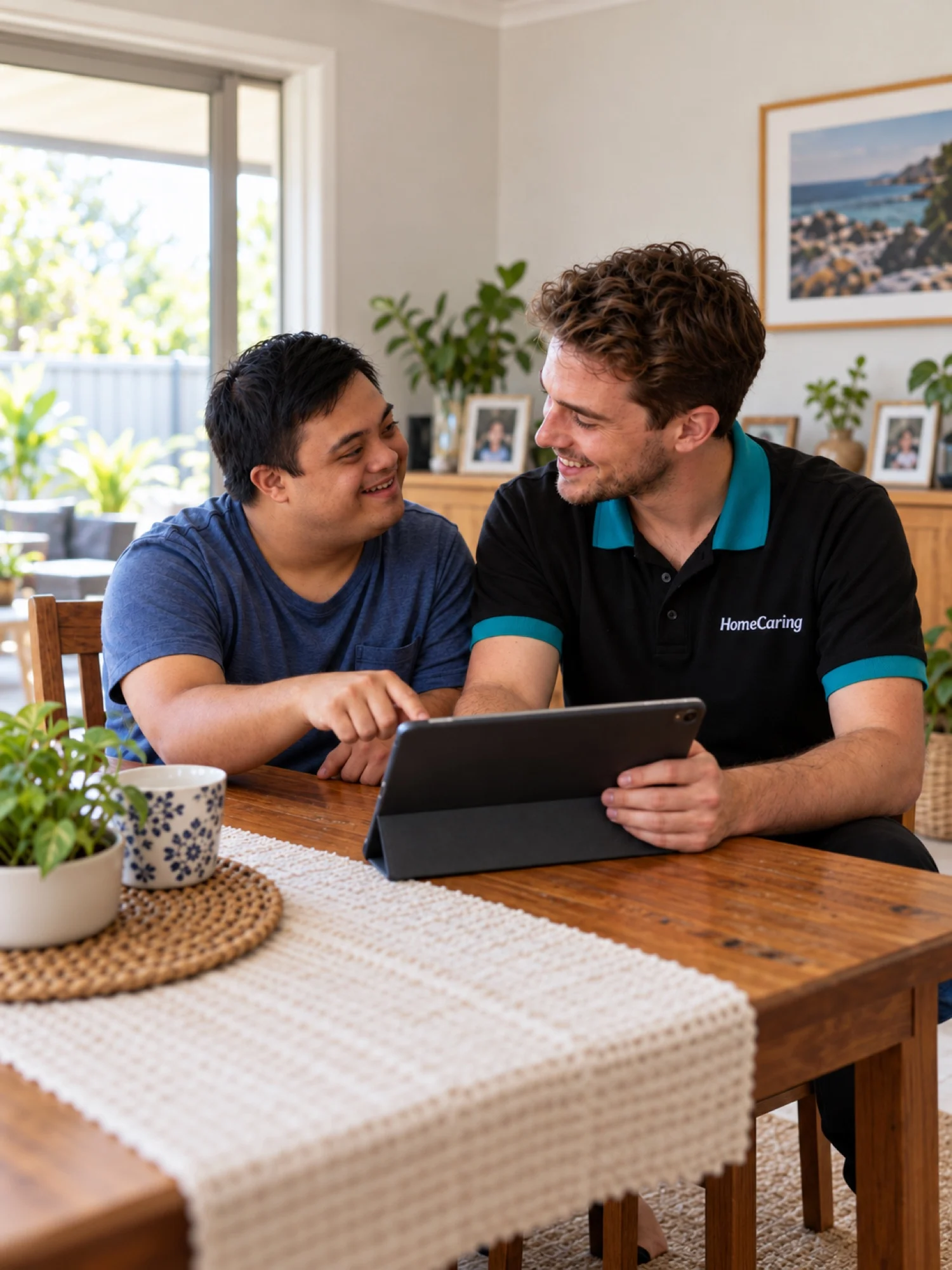 A young man with Down syndrome and a smiling HomeCaring support worker sit together at a wooden dining table, sharing a laugh as they look at a tablet in a bright, plant-filled home.