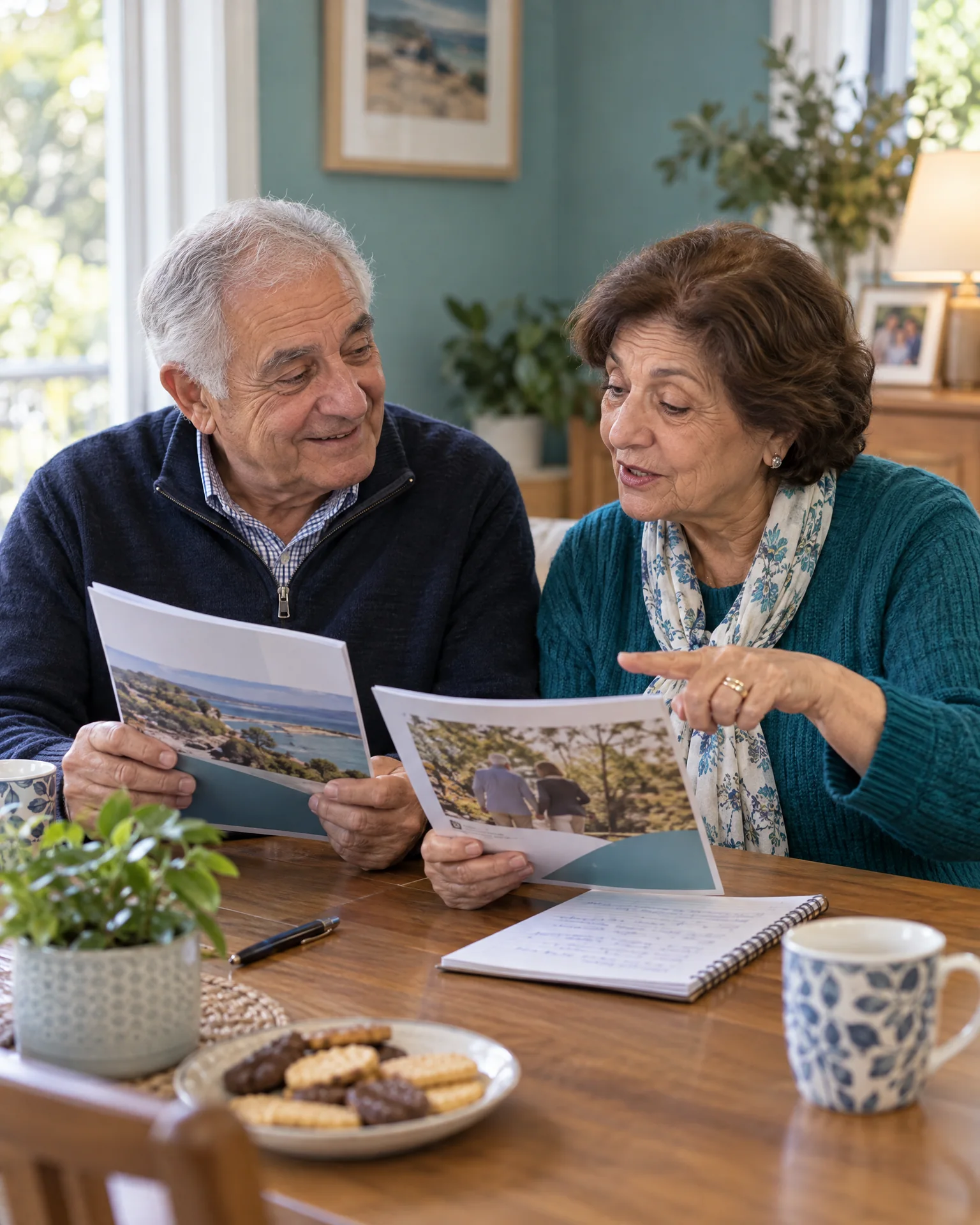 An older couple comparing home care information booklets at their dining table
