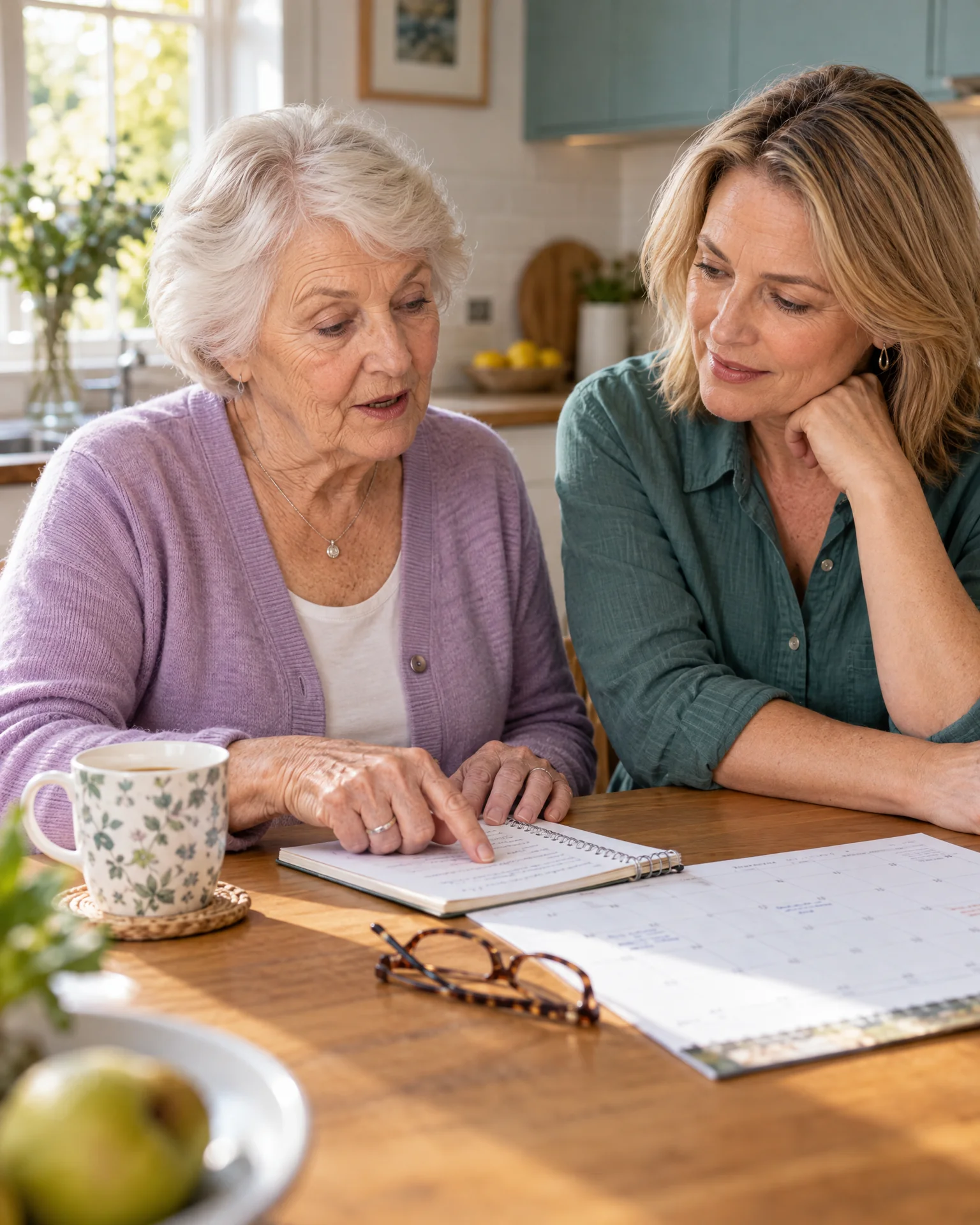 An older woman and her daughter reviewing notes about her home care at the kitchen table