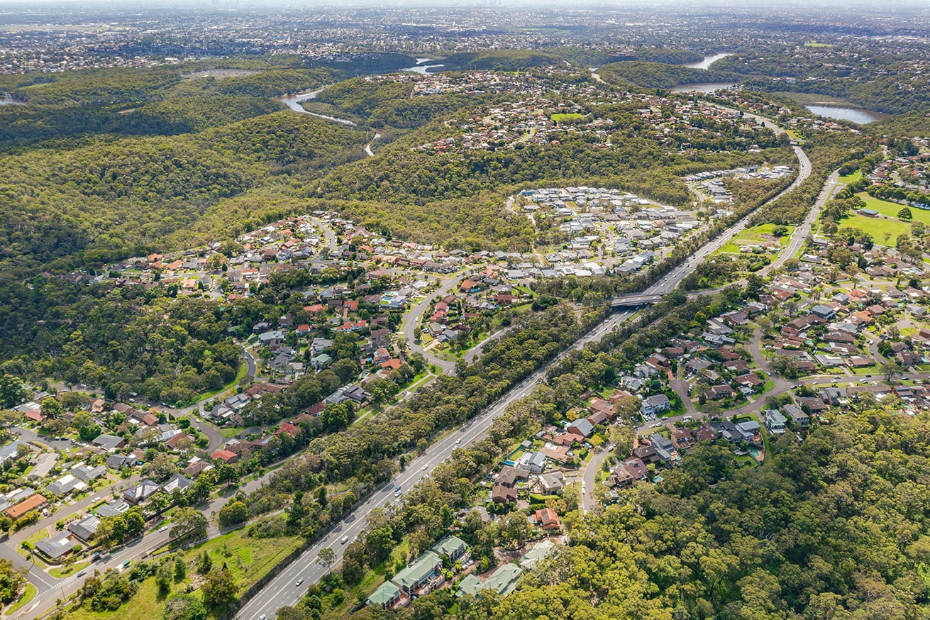an aerial shot of the suburb of Menai