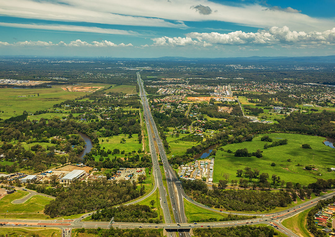 Aerial shot of Bruce Highway near Caboolture