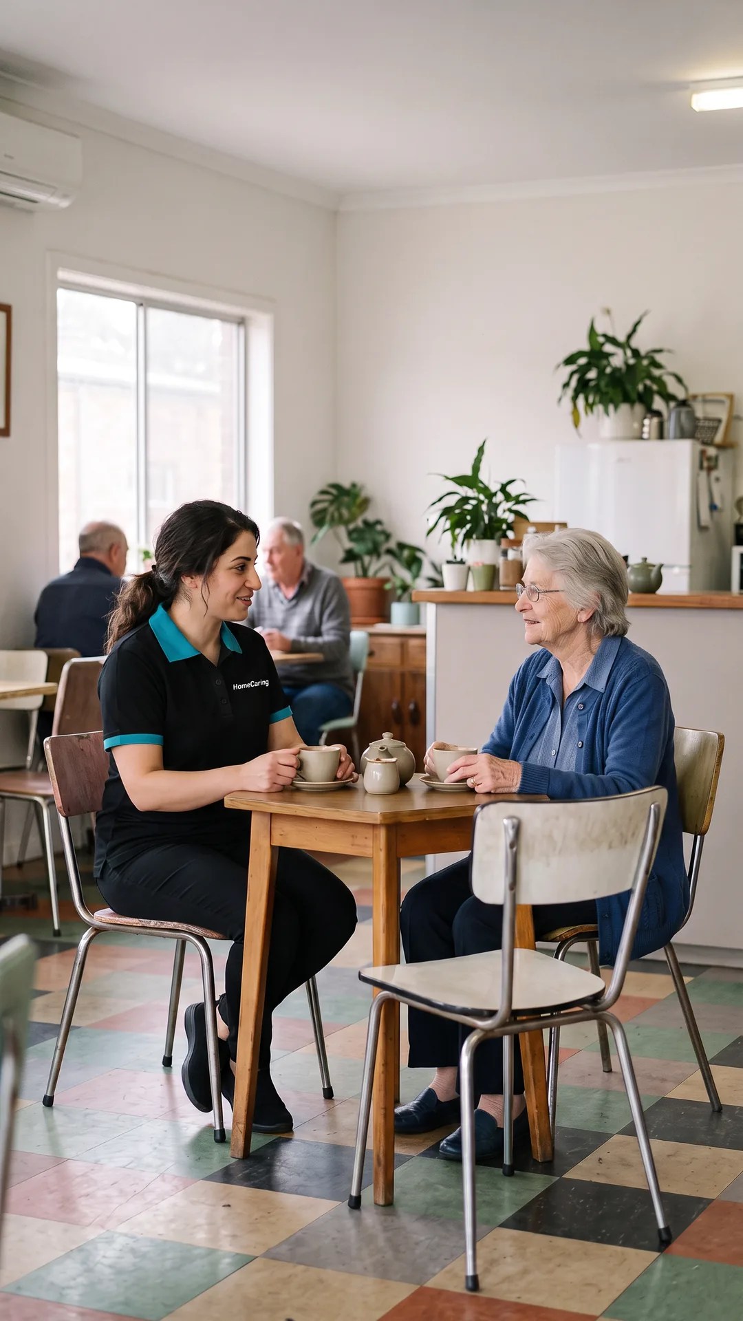 A HomeCaring support worker and an older woman share a cuppa at a local cafe