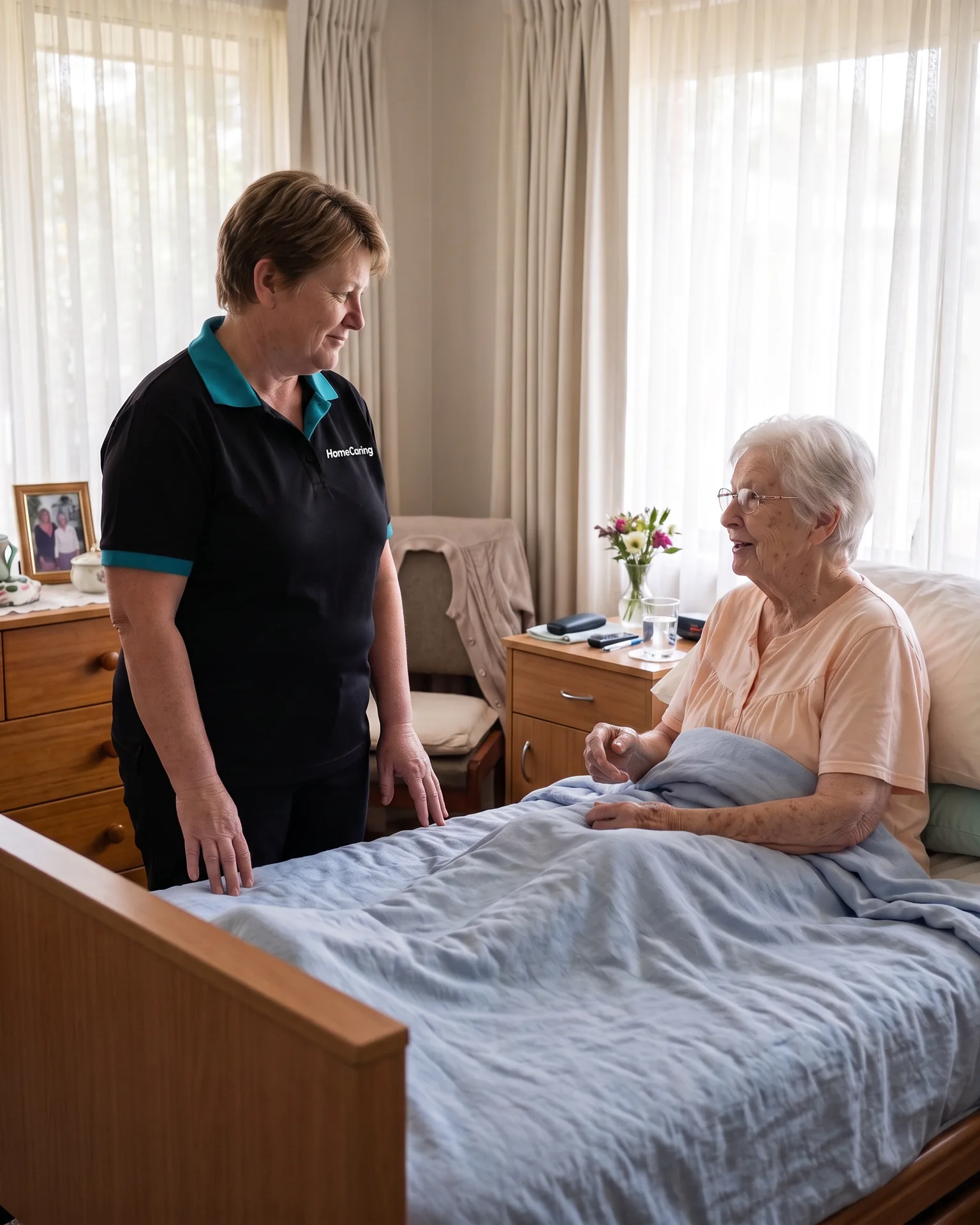 A HomeCaring carer stands at the bedside of an older woman resting in her bedroom