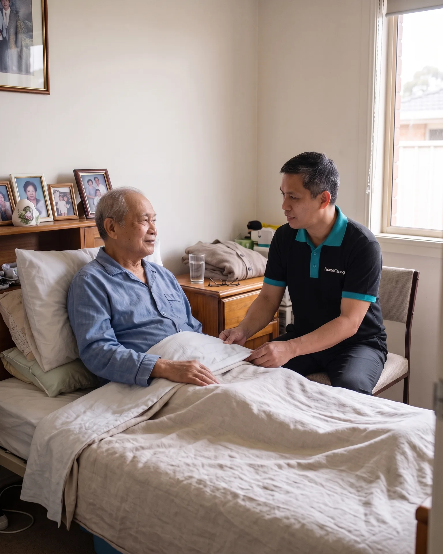 A HomeCaring carer sits beside an older man resting in bed and talks with him in his bedroom