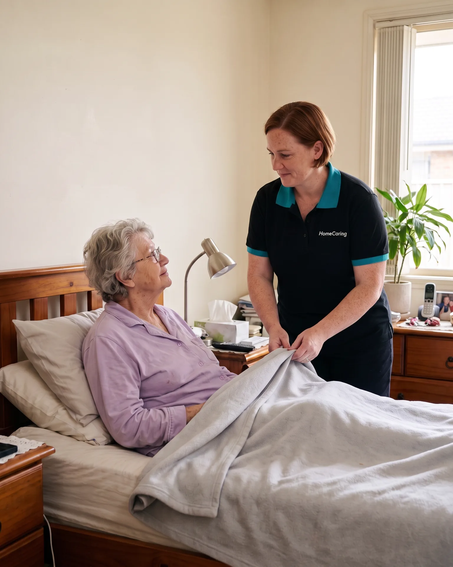 A HomeCaring carer tucks a blanket around an older woman sitting up in bed