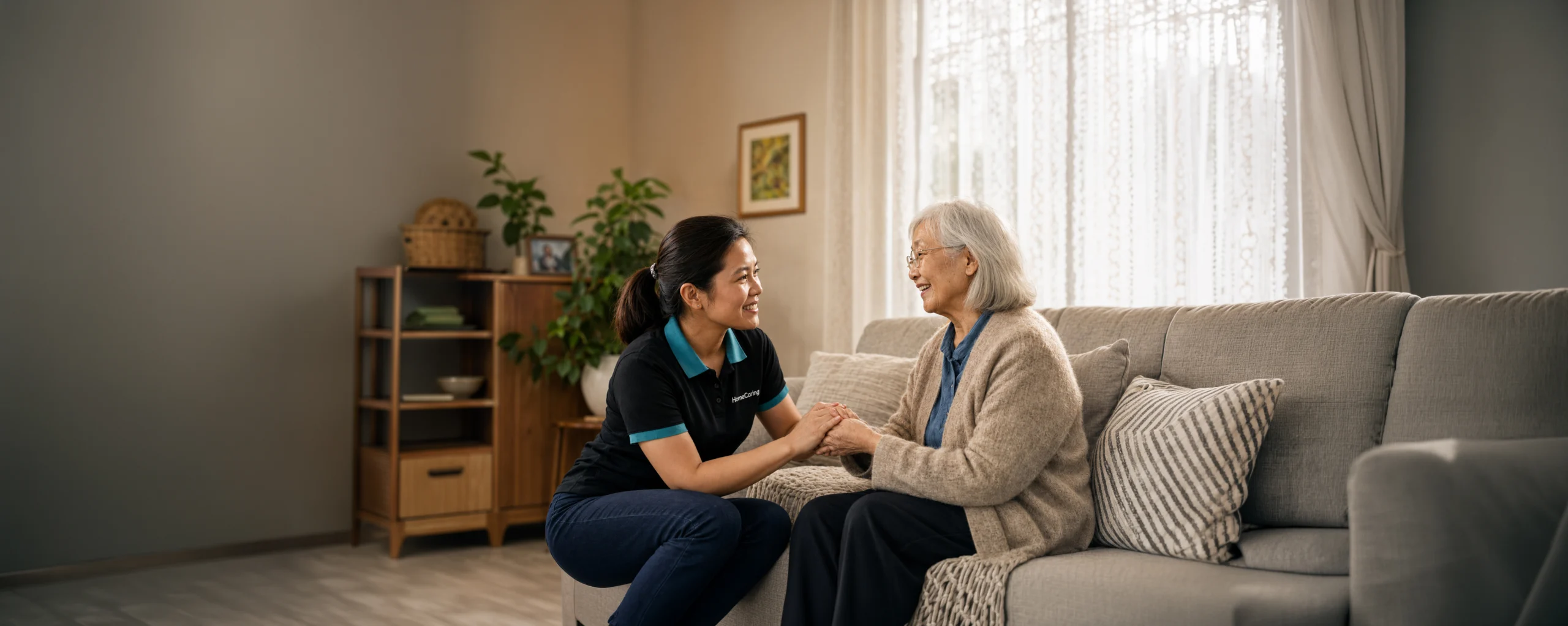 An older female asking a HomeCaring support worker questions in her lounge room
