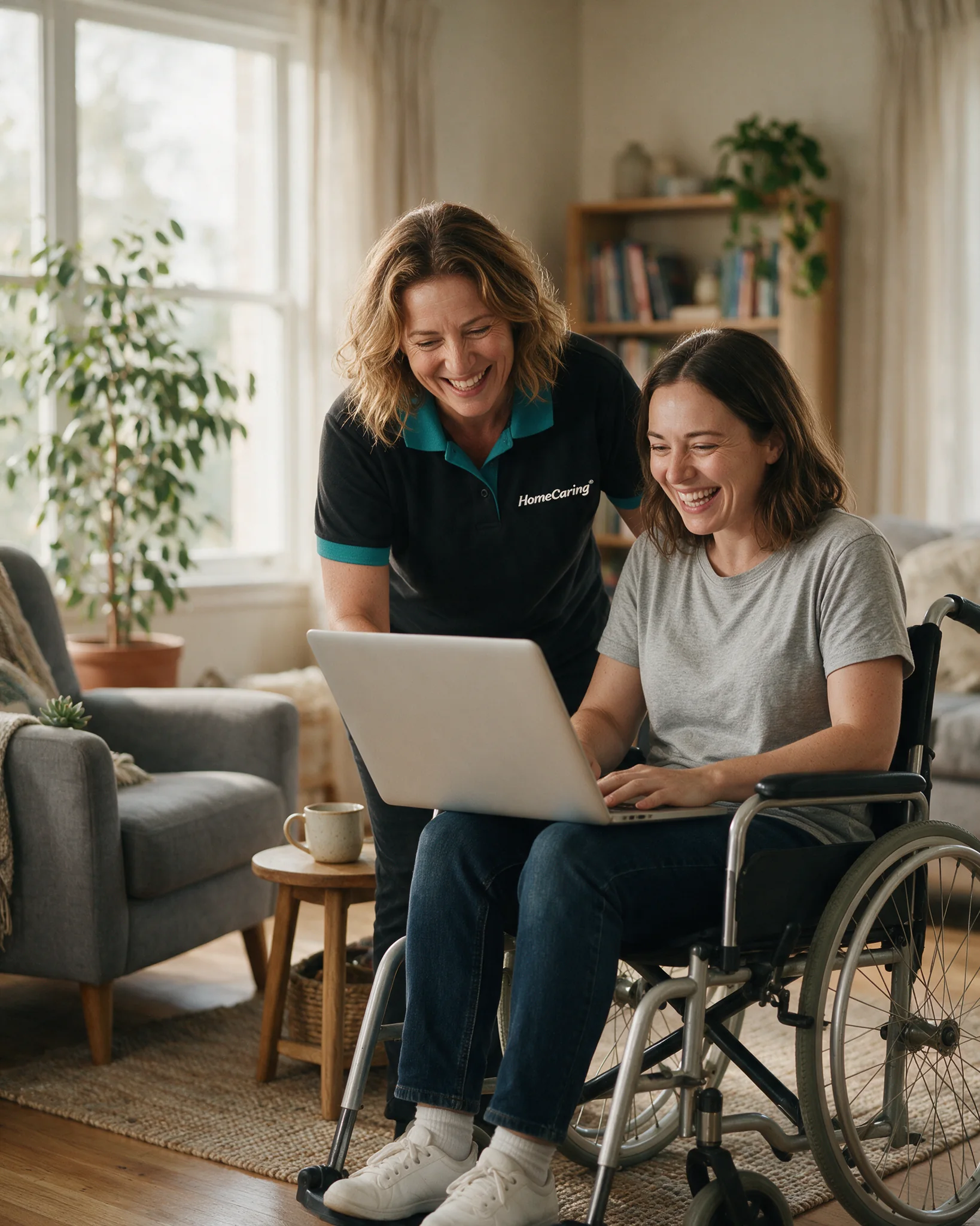 HomeCaring care worker and client: supporting a wheelchair user at a laptop