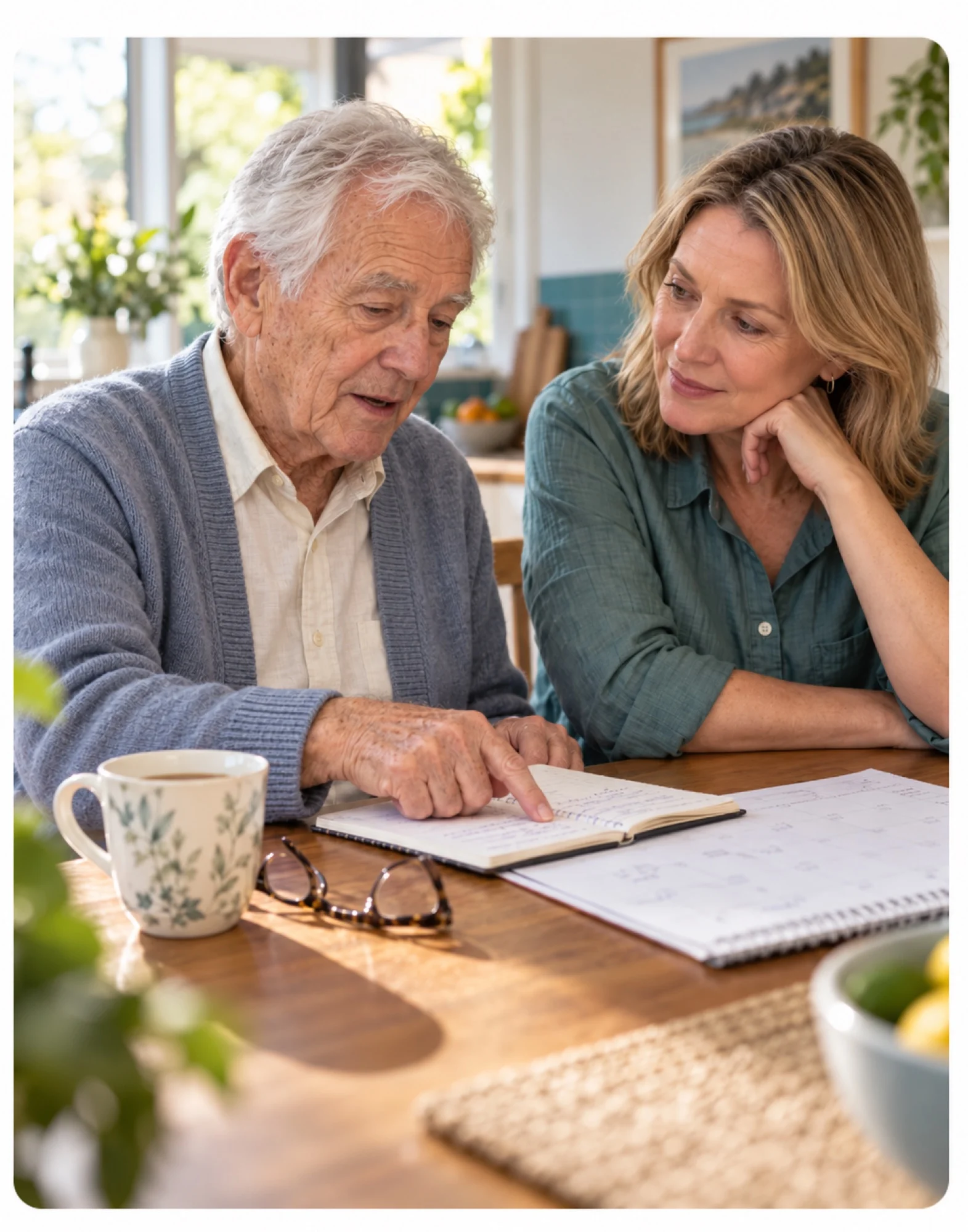 An elderly father and his adult daughter reviewing a notebook together at a kitchen table.